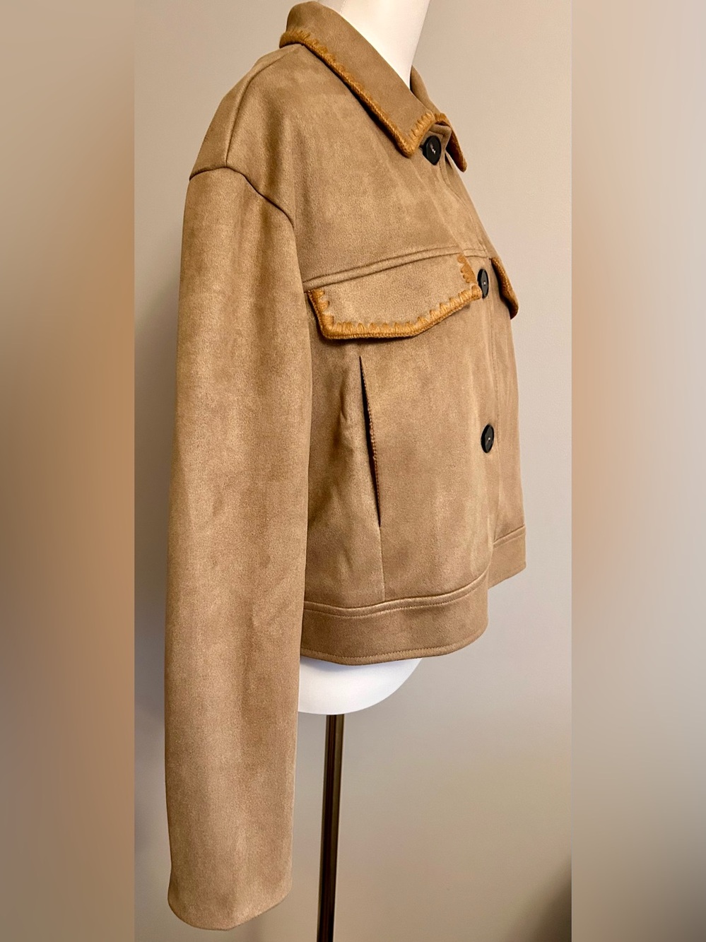 NWT - Cider Suede Jacket in Tan w Blanket Stitch Trim in Cognac - Picture 7 of 13